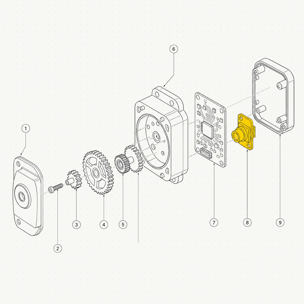 Technische Explosionsdarstellung eines mechatronischen NEVO-Produkts — Zahnräder, Gehäuse, Leiterplatte und Sensor als Patent-Blueprint